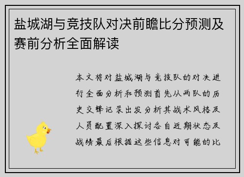 盐城湖与竞技队对决前瞻比分预测及赛前分析全面解读
