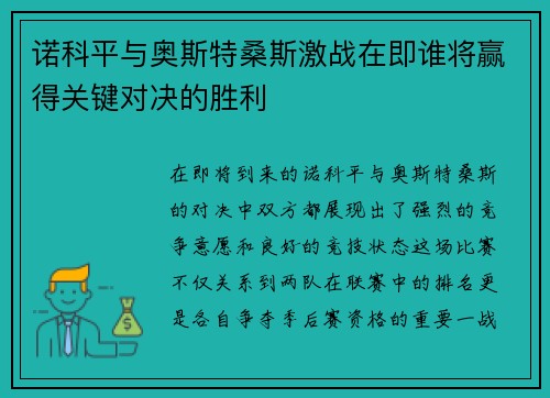 诺科平与奥斯特桑斯激战在即谁将赢得关键对决的胜利